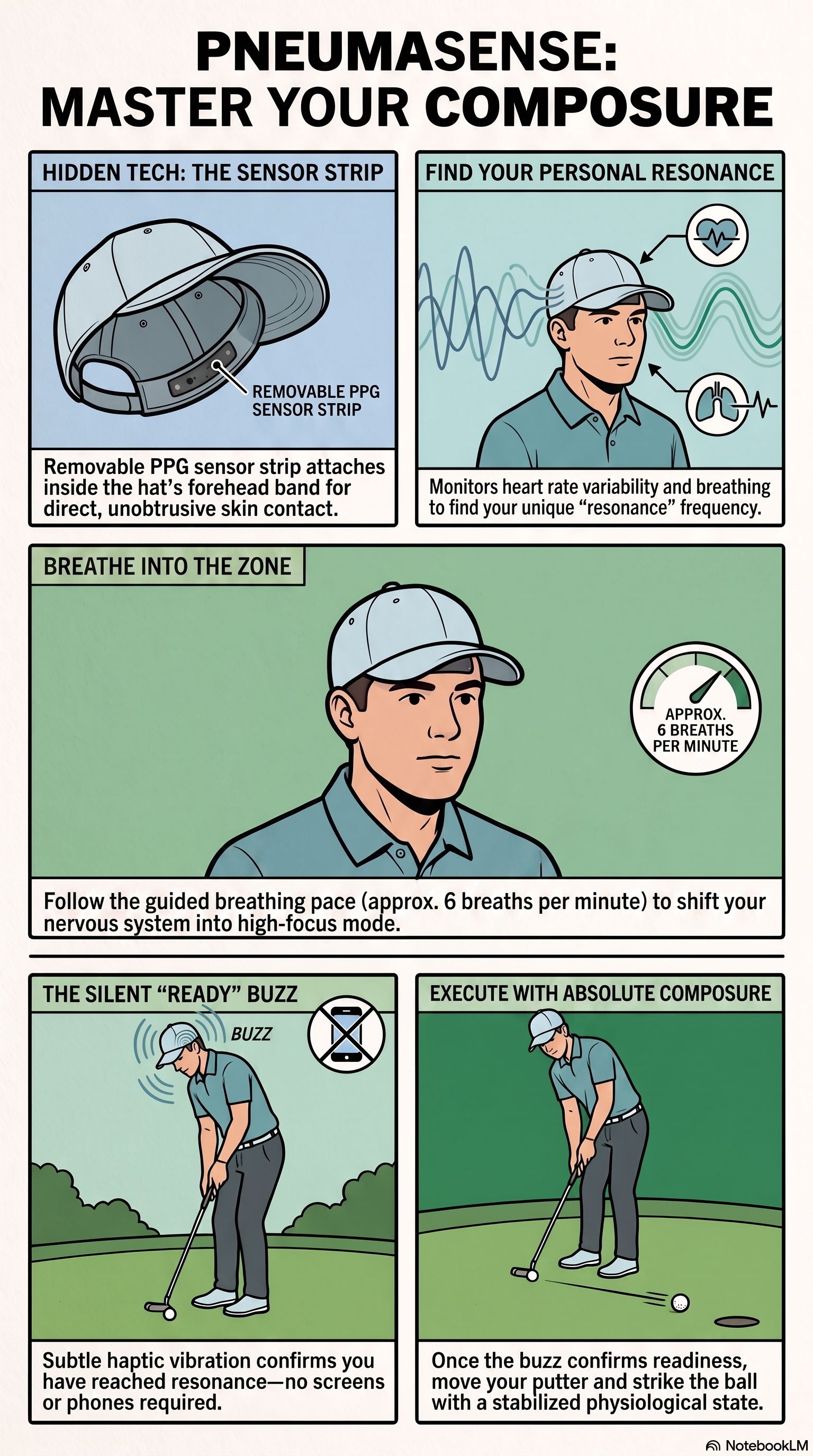 PneumaGolf: removable PPG sensor strip in a cap forehead band, resonance breathing protocol, and haptic readiness confirmation before a golf putt