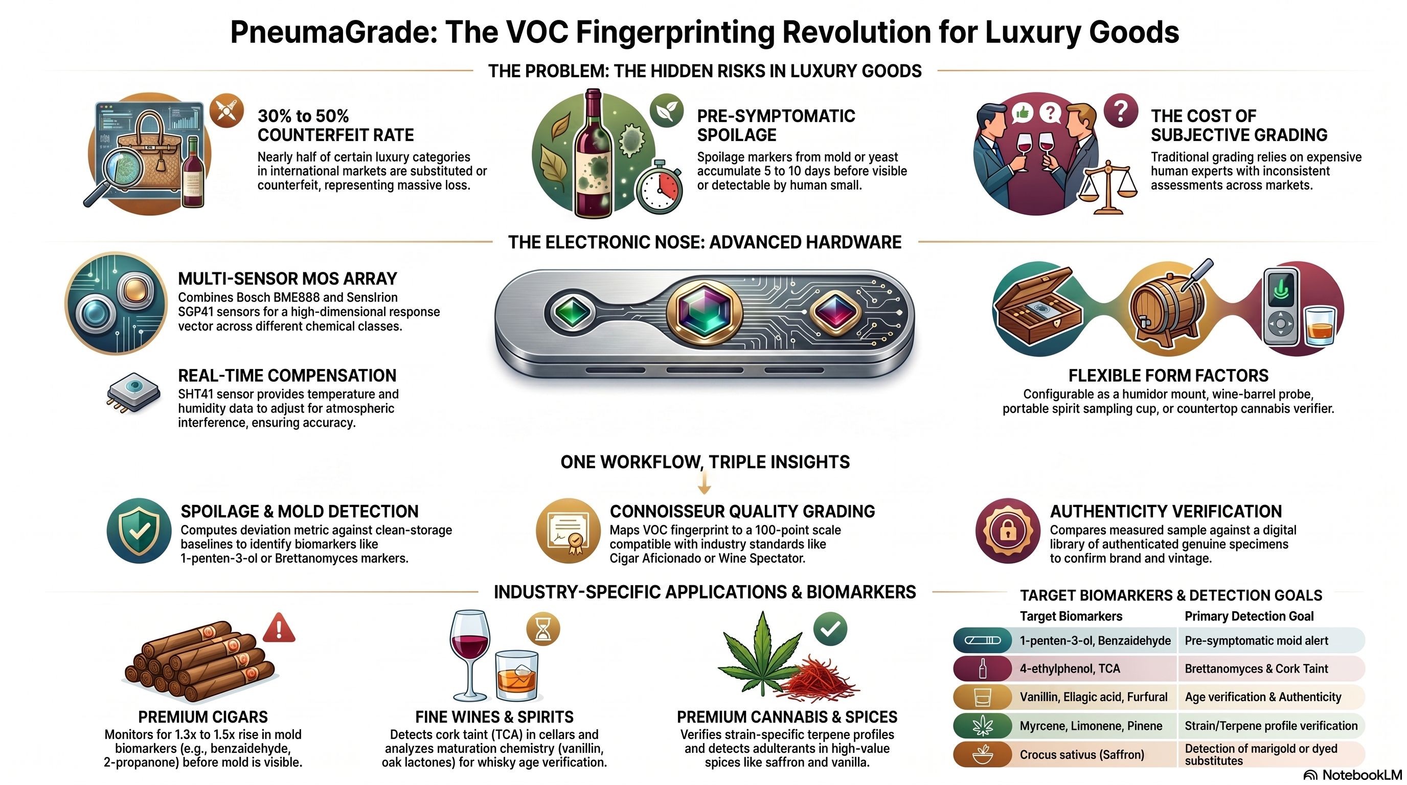 PneumaGrade: metal-oxide-semiconductor sensor array performing spoilage detection, quality grading and authenticity verification across cigars, wine, spirits, cannabis and spices